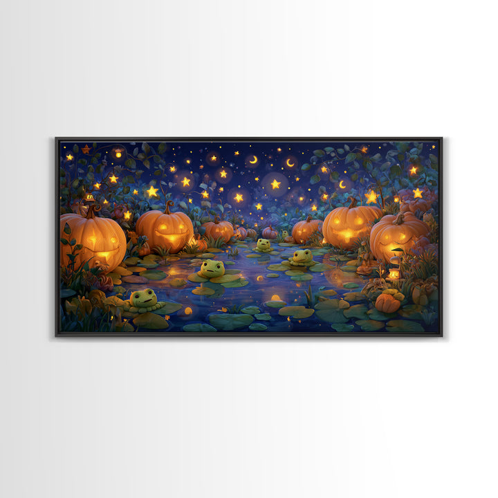 The Star-Filled Pumpkin Pond, Clay Halloween Art, Wide Panoramic Art, Framed Canvas Print, Cute Halloween Wall Art