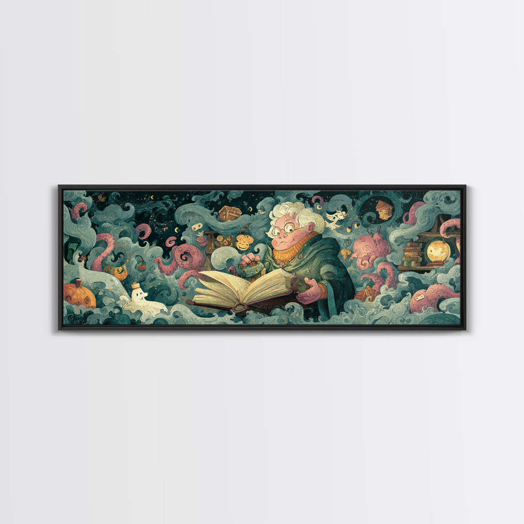 The Librarian Of Forbidden Tides, Plush Halloween Art, Extra Wide Wall Art, Canvas Print, Cute Halloween Wall Art