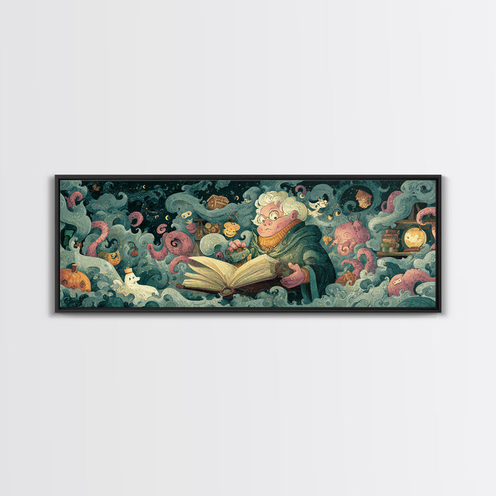 The Librarian Of Forbidden Tides, Plush Halloween Art, Extra Wide Wall Art, Canvas Print, Cute Halloween Wall Art