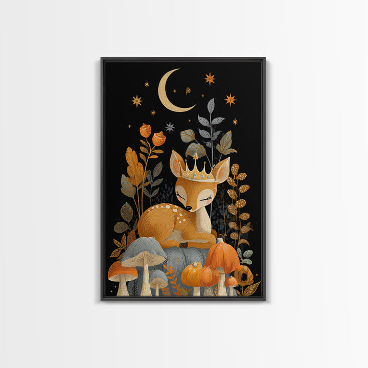 The Moon Princess Deer, Retro Halloween Art, Vertical Wall Art, Canvas Print, Cute Halloween Wall Art