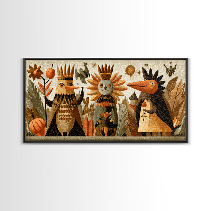 The Autumn Leaf Costume Contest, Linocut Halloween Art, Wide Panoramic Art, Framed Canvas Print, Cute Halloween Wall Art