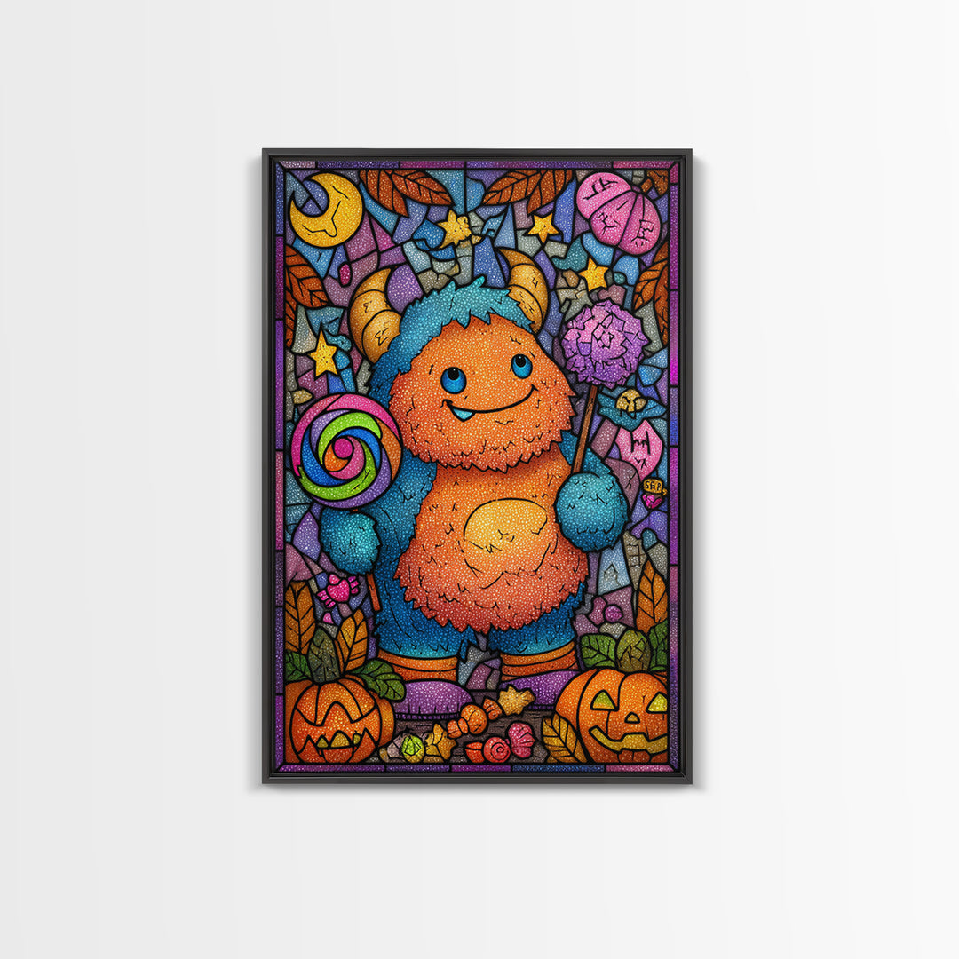 The Rainbow Monster, Stained Glass Halloween, Vertical Wall Art, Canvas Print, Cute Halloween Wall Art