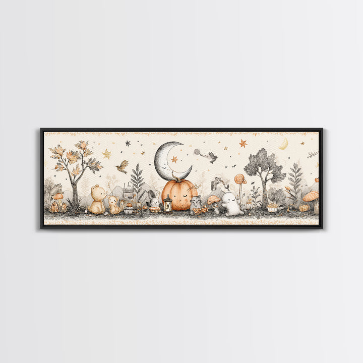 The Smiling Moon Meadow, Hand Sketch Halloween Art, Extra Wide Wall Art, Canvas Print, Cute Halloween Wall Art