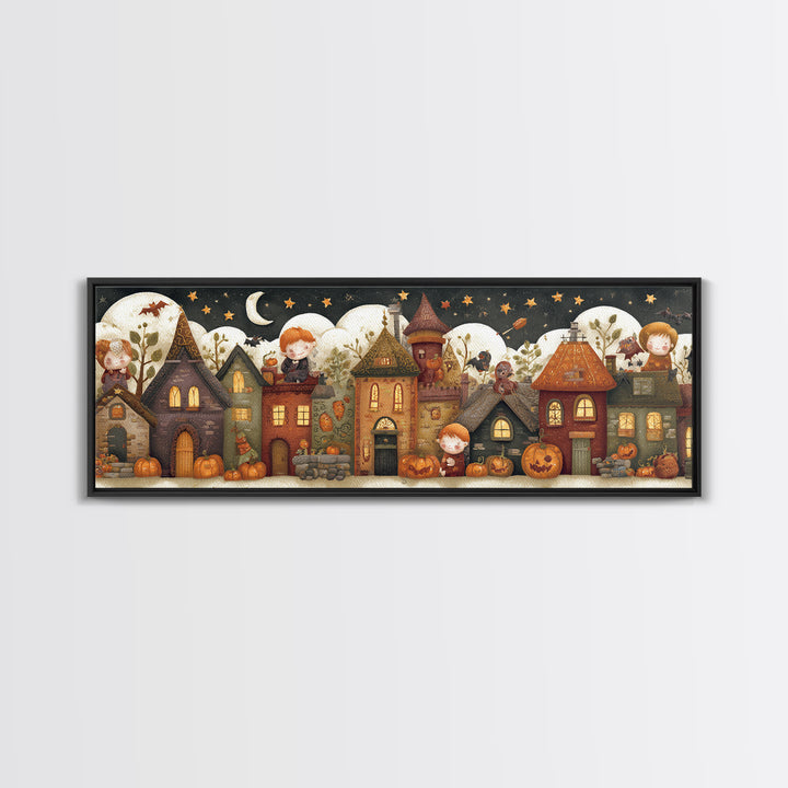 The Trick-Or-Treat Treasure Hunt, Felt Halloween Art, Extra Wide Wall Art, Canvas Print, Cute Halloween Wall Art