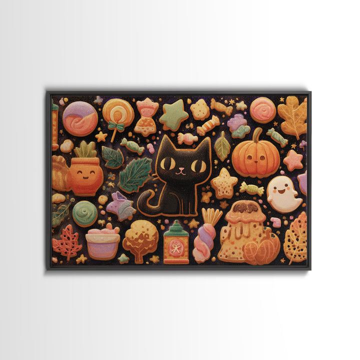 The Black Cat Baker, Kawaii Halloween Art, Landscape Wall Art, Framed Canvas Print, Cute Halloween Wall Art