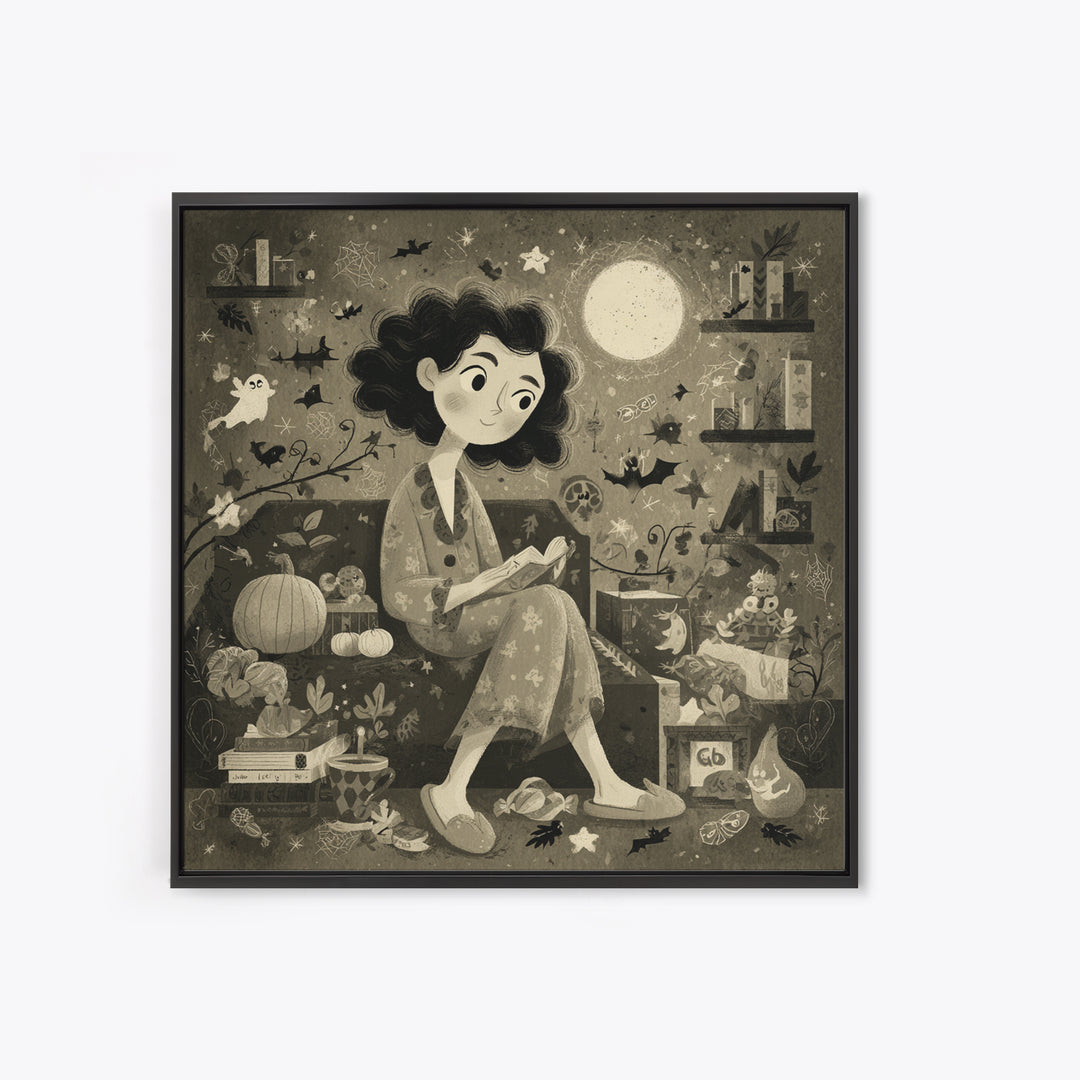 The Moonlight Pajama Witch, Retro Halloween Art, Square Wall Art, Canvas Print, Cute Halloween Wall Art