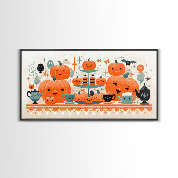 The Pumpkin Tea Party, Screenprint Halloween Art, Wide Panoramic Art, Framed Canvas Print, Cute Halloween Wall Art
