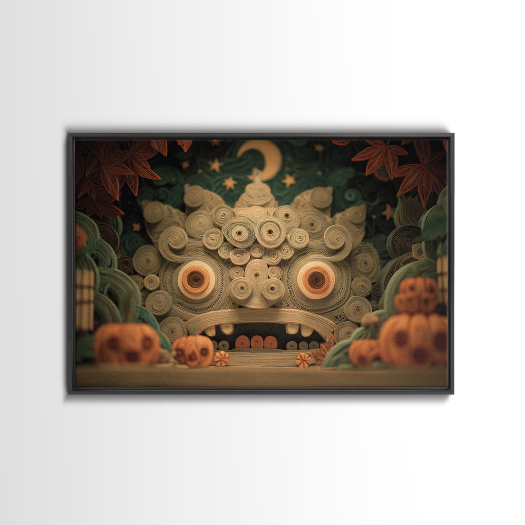 The Custodian Of The Whispering Idol, Quilled Halloween Art, Landscape Wall Art, Framed Canvas Print, Cute Halloween Wall Art