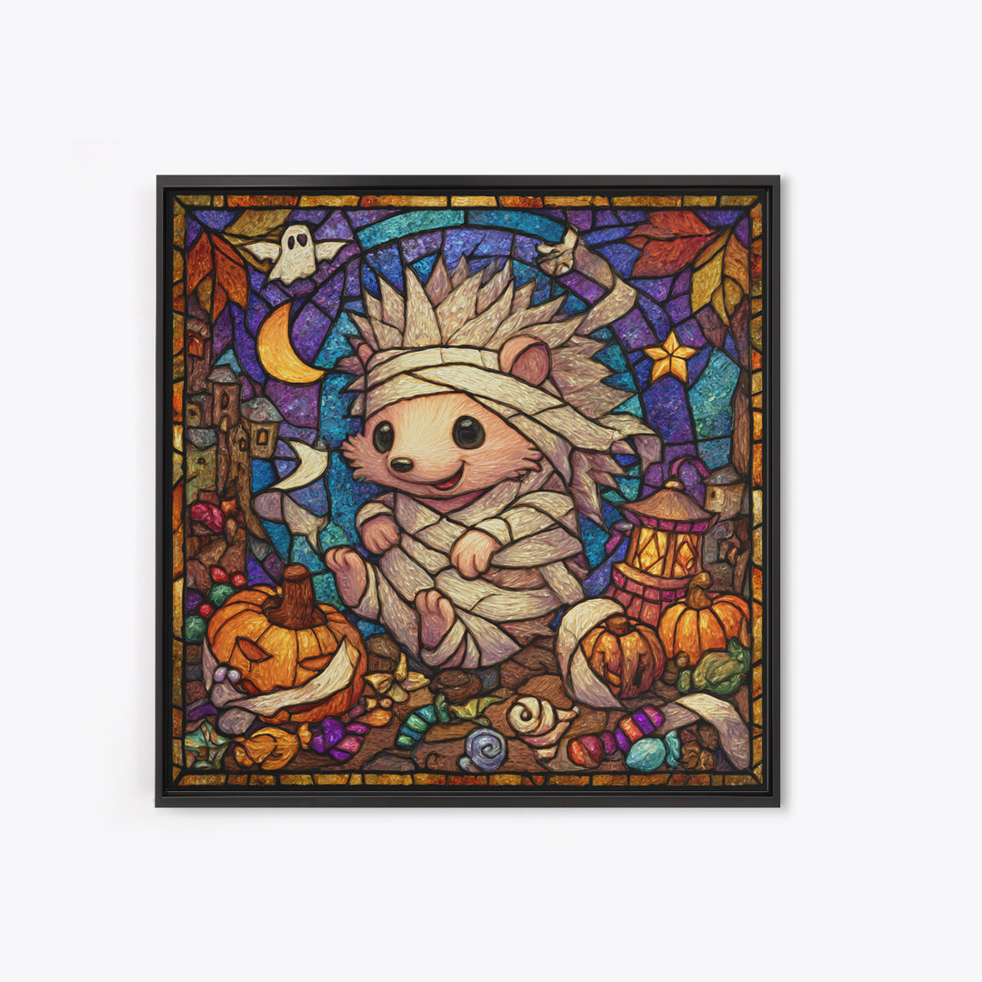 The Hedgehog Mummy, Stained Glass Halloween, Square Wall Art, Canvas Print, Cute Halloween Wall Art, Halloween Kids Decor