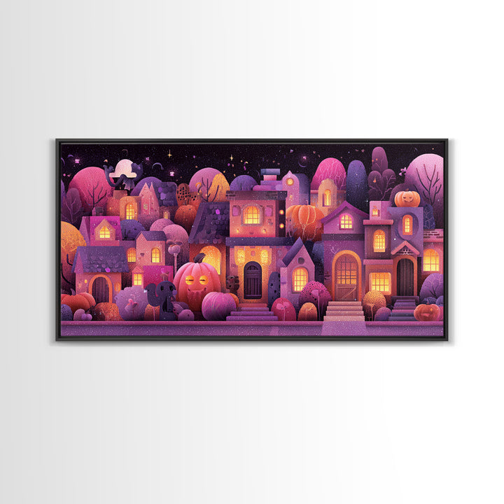 Pumpkin Cottage Lane, Vaporwave Halloween Art, Wide Panoramic Art, Framed Canvas Print, Cute Halloween Wall Art