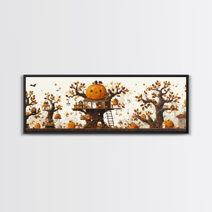 The Pumpkin Treehouse, Pixel Halloween Art, Extra Wide Wall Art, Canvas Print, Cute Halloween Wall Art