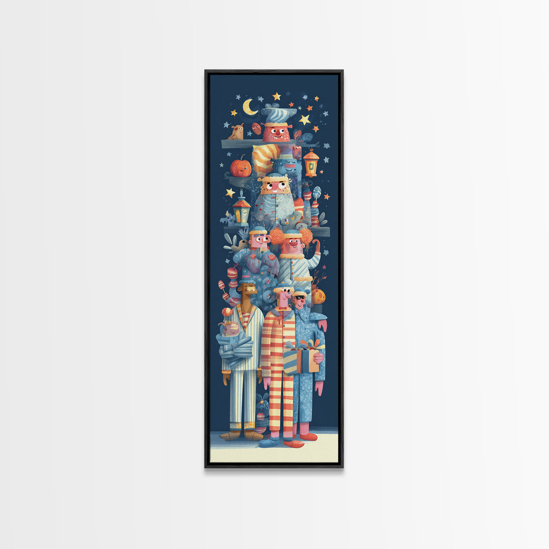 The Monster Pajama Parade, Vector Halloween Art, Tall Narrow Wall Art, Framed Canvas Print, Cute Halloween Wall Art