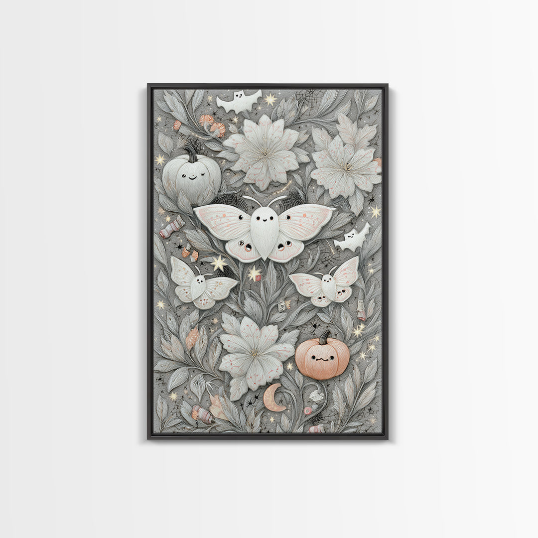 The Moon-Moth Garden, Hand Sketch Halloween Art, Vertical Wall Art, Canvas Print, Cute Halloween Wall Art