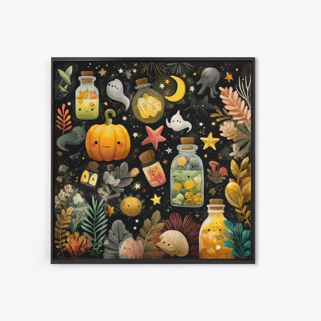 The Apothecary Of Black Seashell Dreams, Gouache Halloween Art, Square Wall Art, Canvas Print, Cute Halloween Wall Art