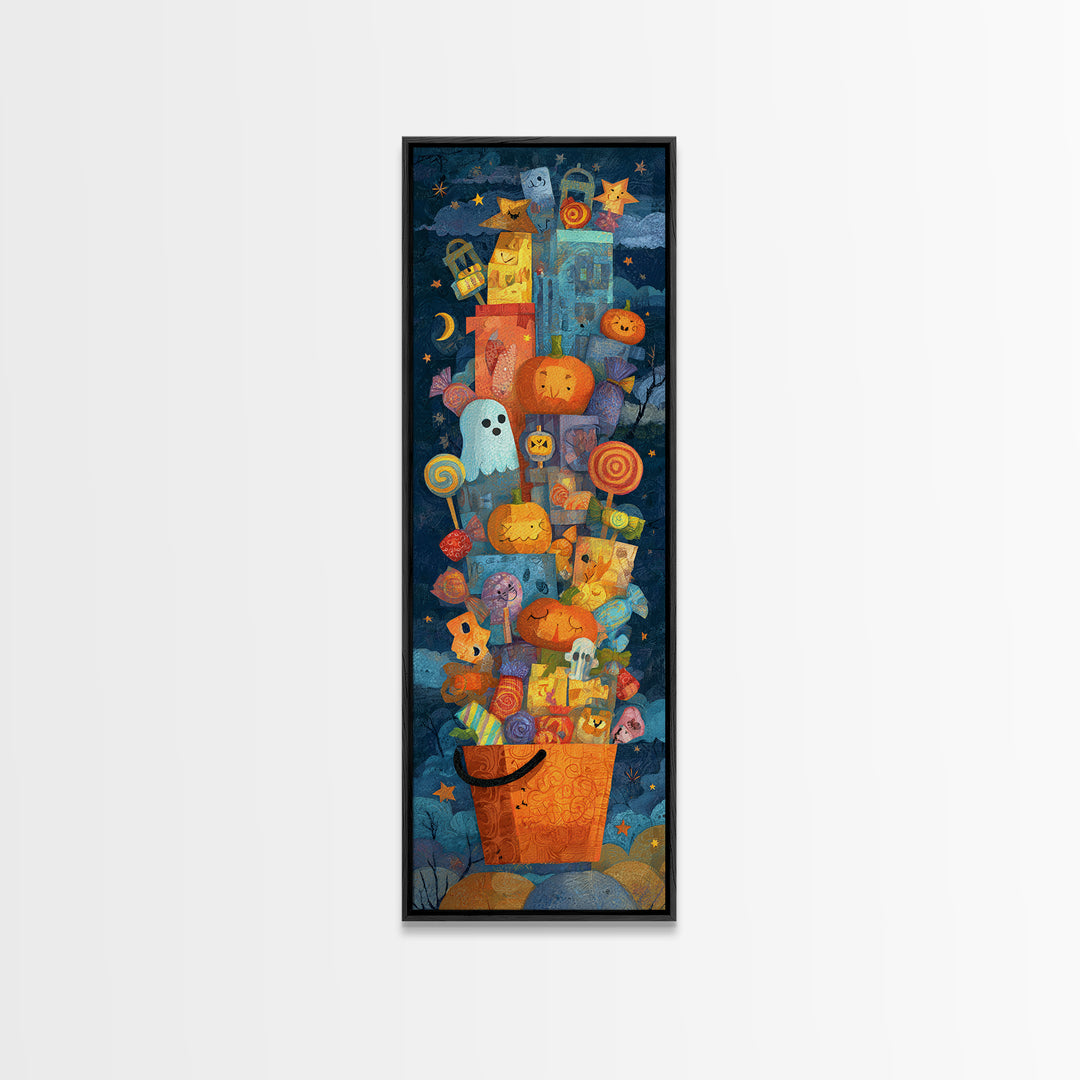 The Candy Basket Sleepover, Paper Collage Halloween, Tall Narrow Wall Art, Framed Canvas Print, Cute Halloween Wall Art