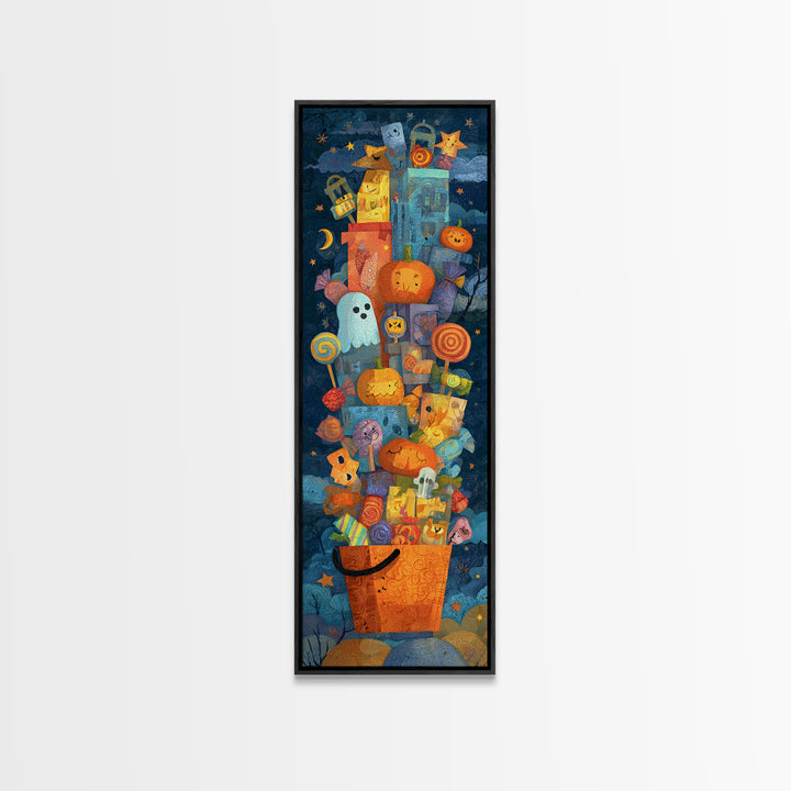 The Candy Basket Sleepover, Paper Collage Halloween, Tall Narrow Wall Art, Framed Canvas Print, Cute Halloween Wall Art