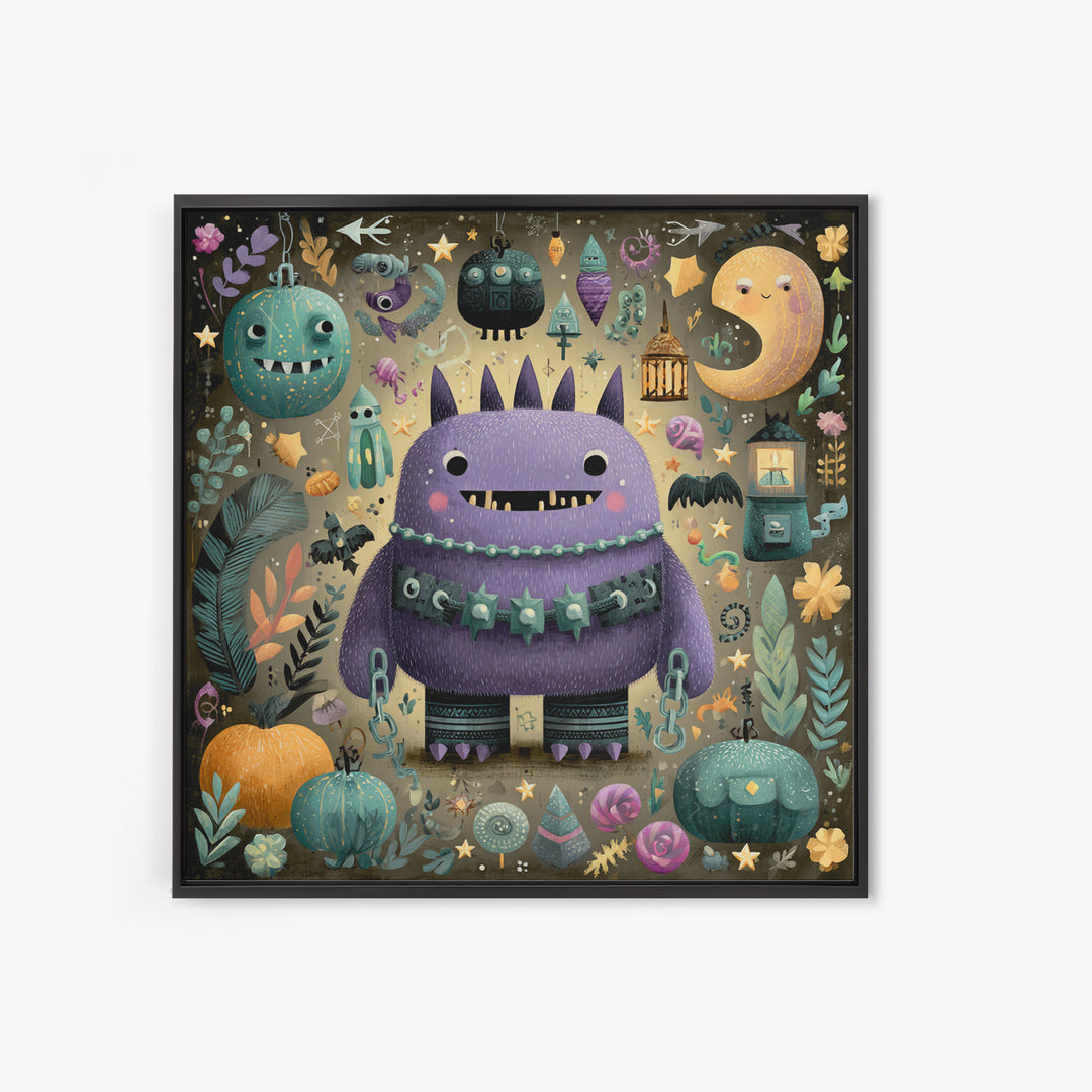The Moonlit Shoggoth Menagerie, Plush Halloween Art, Square Wall Art, Canvas Print, Cute Halloween Wall Art