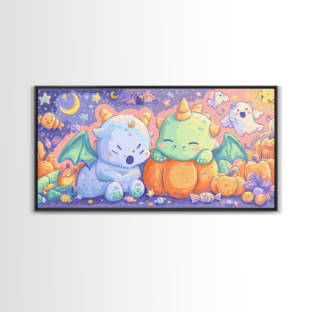 The Sleepy Costume Dragon, Kawaii Halloween Art, Wide Panoramic Art, Framed Canvas Print, Cute Halloween Wall Art