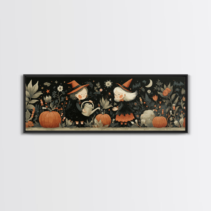 The Moon Garden Witch, Retro Halloween Art, Extra Wide Wall Art, Canvas Print, Cute Halloween Wall Art