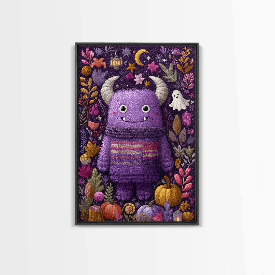 The Fuzzy Purple Monster, Folk Halloween Art, Vertical Wall Art, Canvas Print, Cute Halloween Wall Art