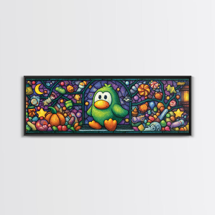 The Penguin Monster, Stained Glass Halloween, Extra Wide Wall Art, Canvas Print, Cute Halloween Wall Art