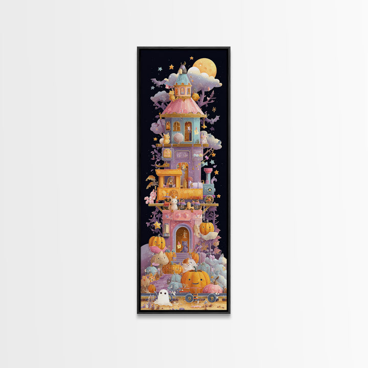 The Pumpkin Train Station, Vaporwave Halloween Art, Tall Narrow Wall Art, Framed Canvas Print, Cute Halloween Wall Art
