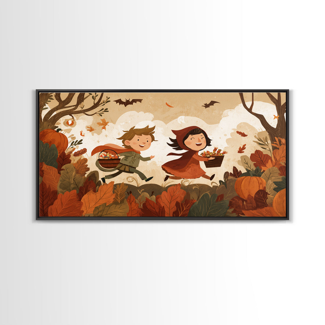 The Candy Bucket Relay Race, Vector Halloween Art, Landscape Wall Art, Framed Canvas Print, Cute Halloween Wall Art, Storybook Decor