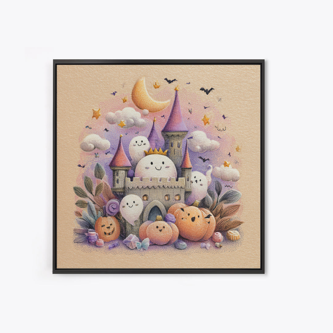 The Halloween Cloud Castle, Hand Sketch Halloween Art, Square Wall Art, Canvas Print, Cute Halloween Wall Art
