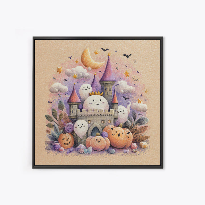 The Halloween Cloud Castle, Hand Sketch Halloween Art, Square Wall Art, Canvas Print, Cute Halloween Wall Art