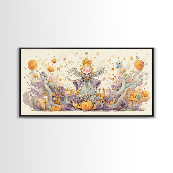 The Crown Of The Tentacled Saint, Watercolor Halloween Art, Wide Panoramic Art, Framed Canvas Print, Cute Halloween Wall Art