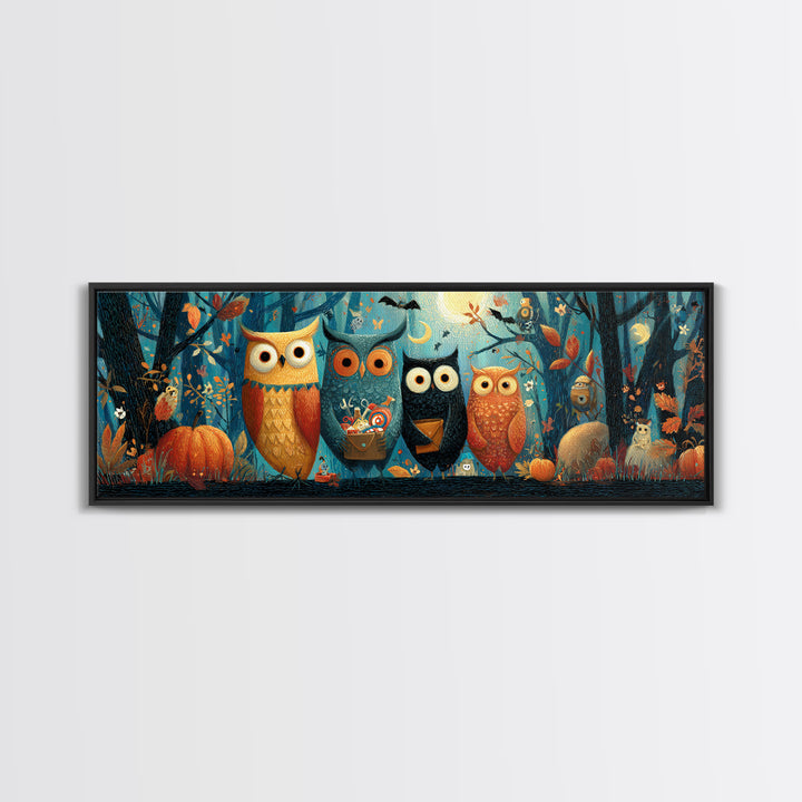 The Owl Postmaster, Gouache Halloween Art, Extra Wide Wall Art, Canvas Print, Cute Halloween Wall Art