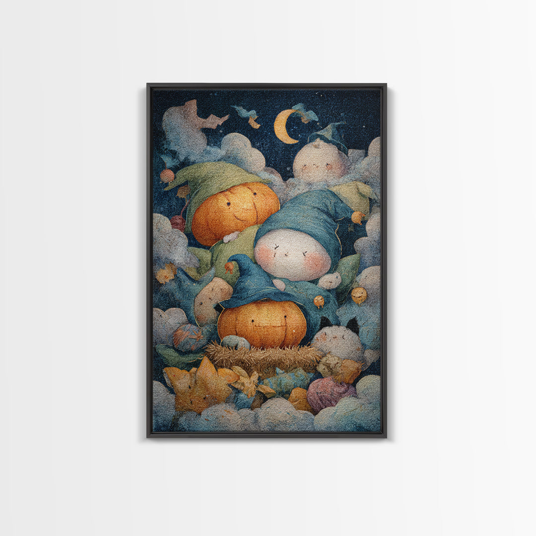 The Pumpkin Pajama Party, Pastel Halloween Art, Vertical Wall Art, Canvas Print, Cute Halloween Wall Art