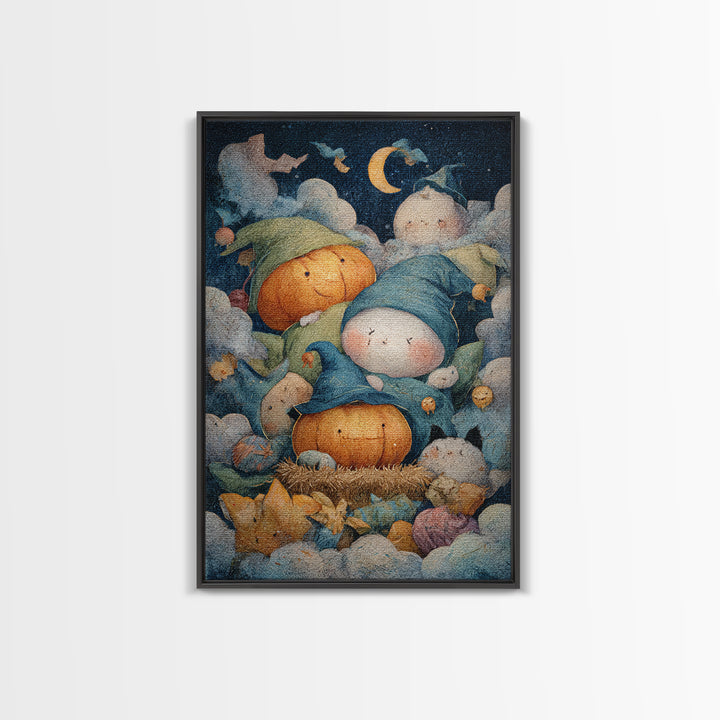 The Pumpkin Pajama Party, Pastel Halloween Art, Vertical Wall Art, Canvas Print, Cute Halloween Wall Art