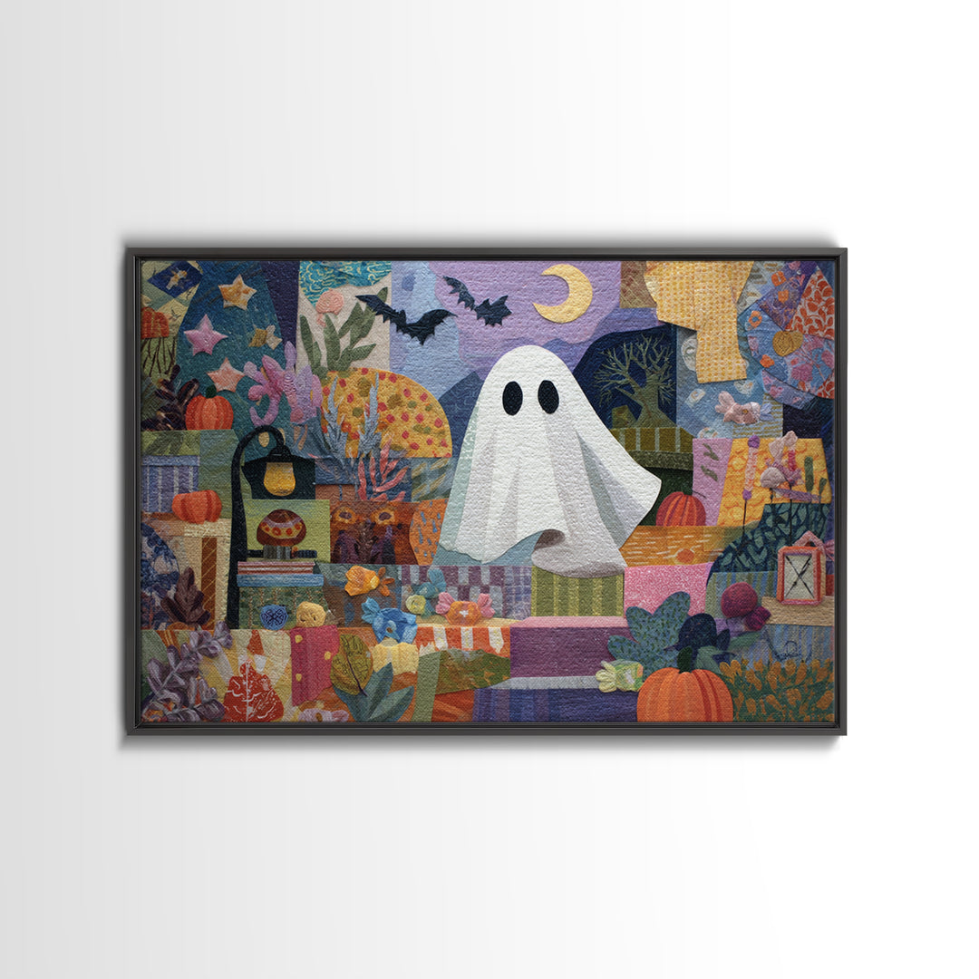 The Sleepy Blanket Ghost, Paper Collage Halloween, Landscape Wall Art, Framed Canvas Print, Cute Halloween Wall Art