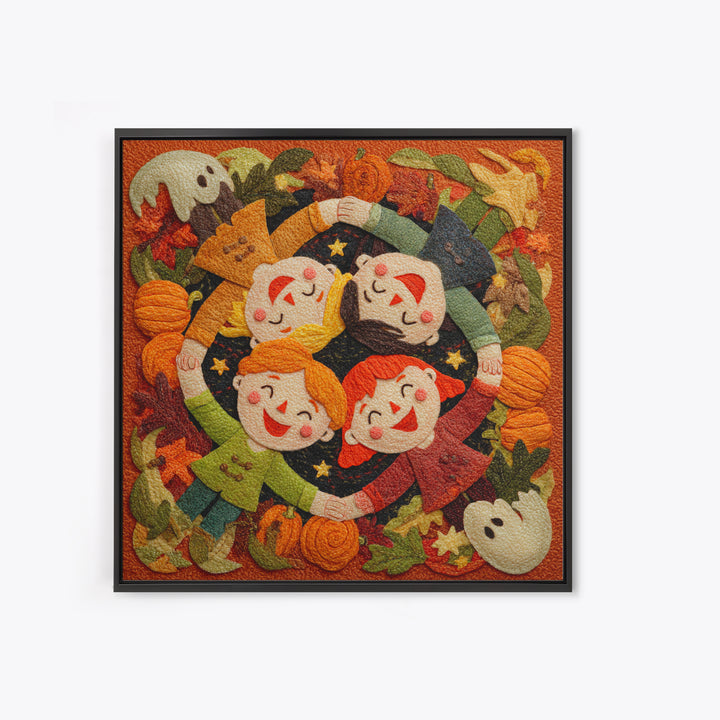 The Dancing Autumn Leaves, Felt Halloween Art, Square Wall Art, Canvas Print, Cute Halloween Wall Art