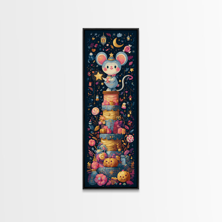 The Magician Mouse, Kawaii Halloween Art, Tall Narrow Wall Art, Framed Canvas Print, Cute Halloween Wall Art