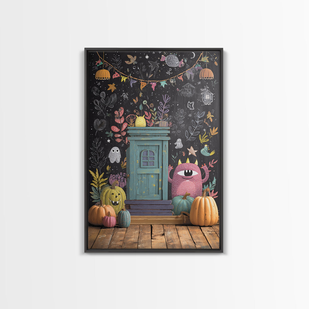 The Little Monster School, Retro Halloween Art, Vertical Wall Art, Canvas Print, Cute Halloween Wall Art
