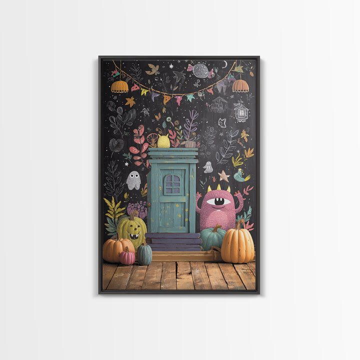 The Little Monster School, Retro Halloween Art, Vertical Wall Art, Canvas Print, Cute Halloween Wall Art