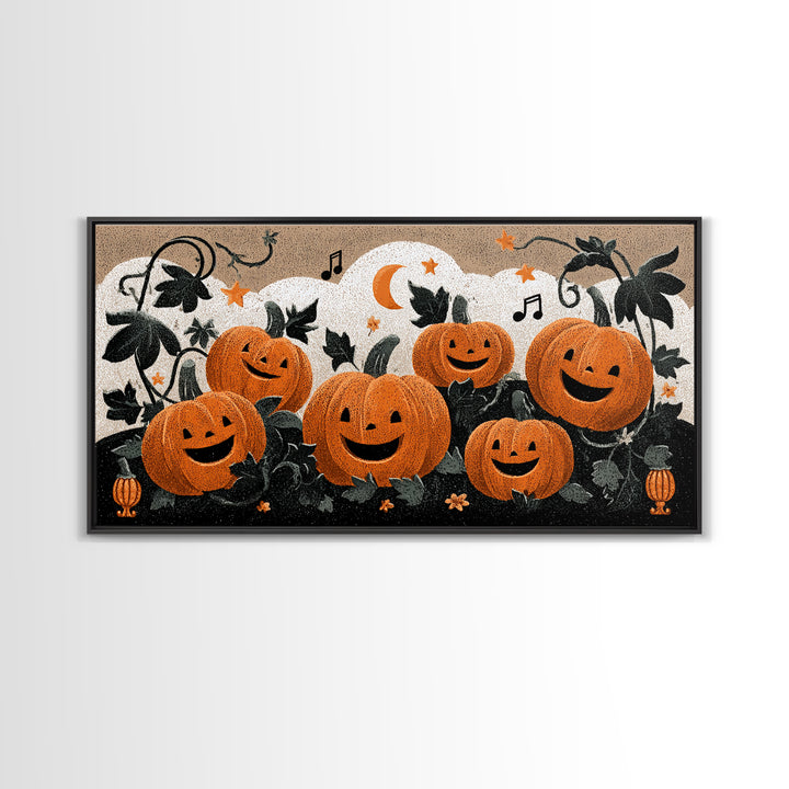 The Singing Pumpkin Patch, Linocut Halloween Art, Wide Panoramic Art, Framed Canvas Print, Cute Halloween Wall Art