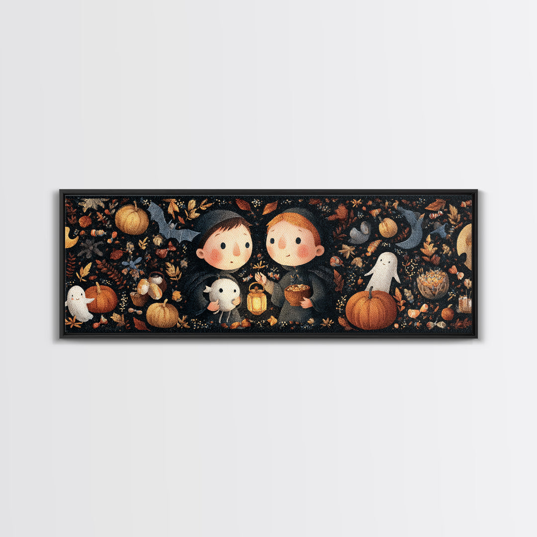 The Child Who Caught A Moon-Spawn, Embroidered Halloween Art, Extra Wide Wall Art, Canvas Print, Cute Halloween Wall Art