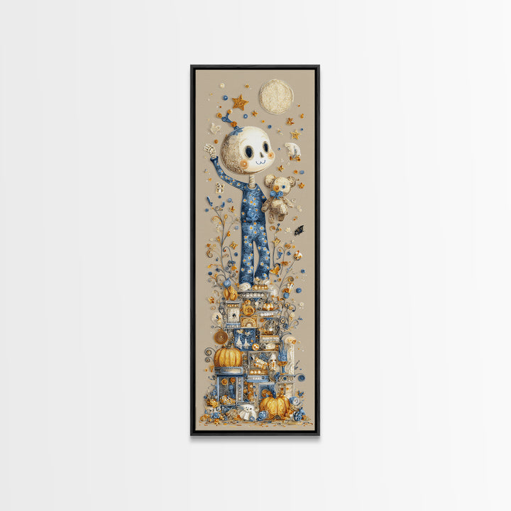 The Pajama Skeleton, Quilled Halloween Art, Tall Narrow Wall Art, Framed Canvas Print, Cute Halloween Wall Art