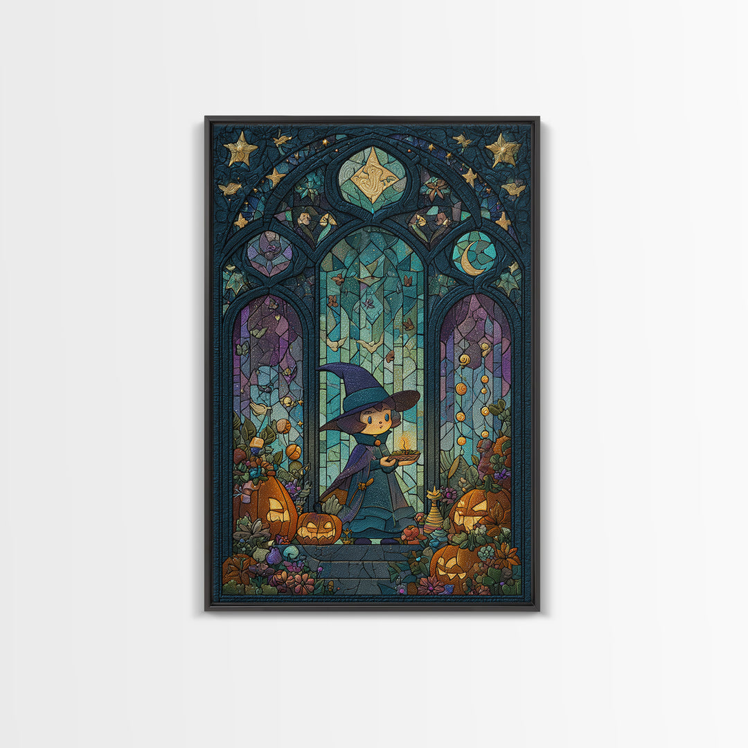 The Tiny Hat Shop Witch, Stained Glass Halloween, Vertical Wall Art, Canvas Print, Cute Halloween Wall Art