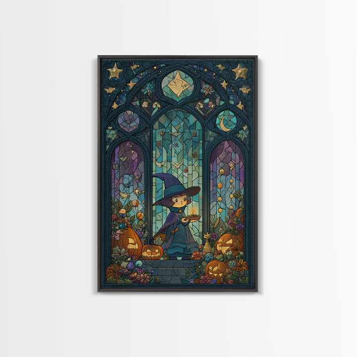 The Tiny Hat Shop Witch, Stained Glass Halloween, Vertical Wall Art, Canvas Print, Cute Halloween Wall Art