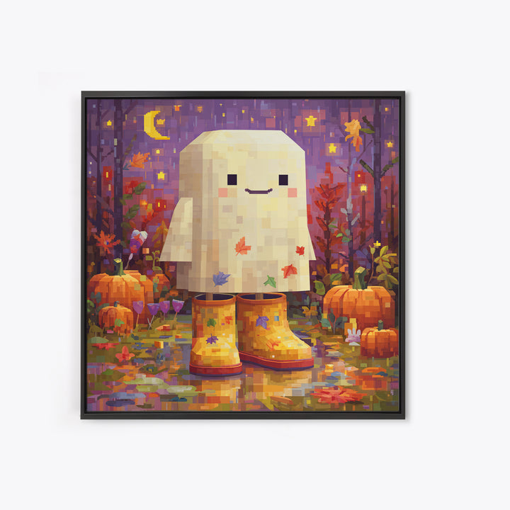 The Ghost In Rain Boots, Pixel Halloween Art, Square Wall Art, Canvas Print, Cute Halloween Wall Art