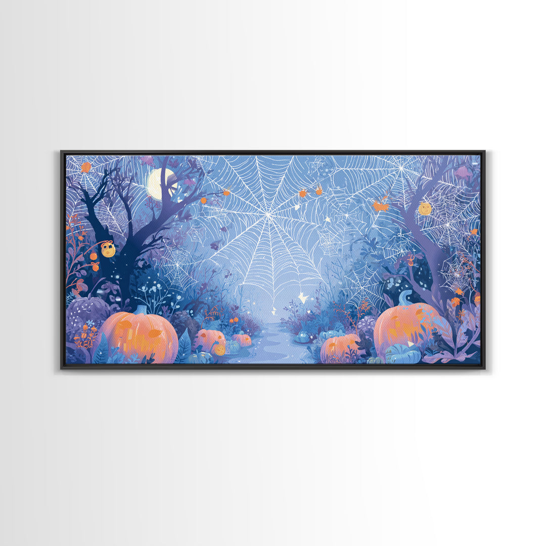 The Great Cobweb Knitting Contest, Vector Halloween Art, Wide Panoramic Art, Framed Canvas Print, Cute Halloween Wall Art