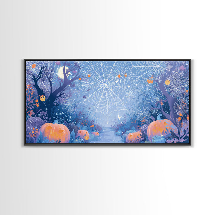 The Great Cobweb Knitting Contest, Vector Halloween Art, Wide Panoramic Art, Framed Canvas Print, Cute Halloween Wall Art