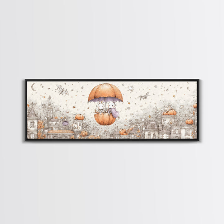 The Enchanted Umbrella Adventure, Hand Sketch Halloween Art, Extra Wide Wall Art, Canvas Print, Cute Halloween Wall Art