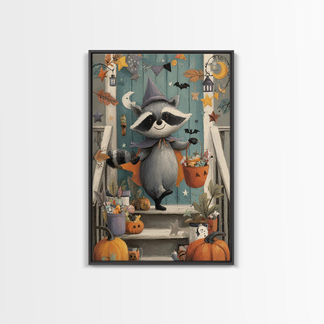 The Raccoon Trick-Or-Treater, Gouache Halloween Art, Vertical Wall Art, Canvas Print, Cute Halloween Wall Art