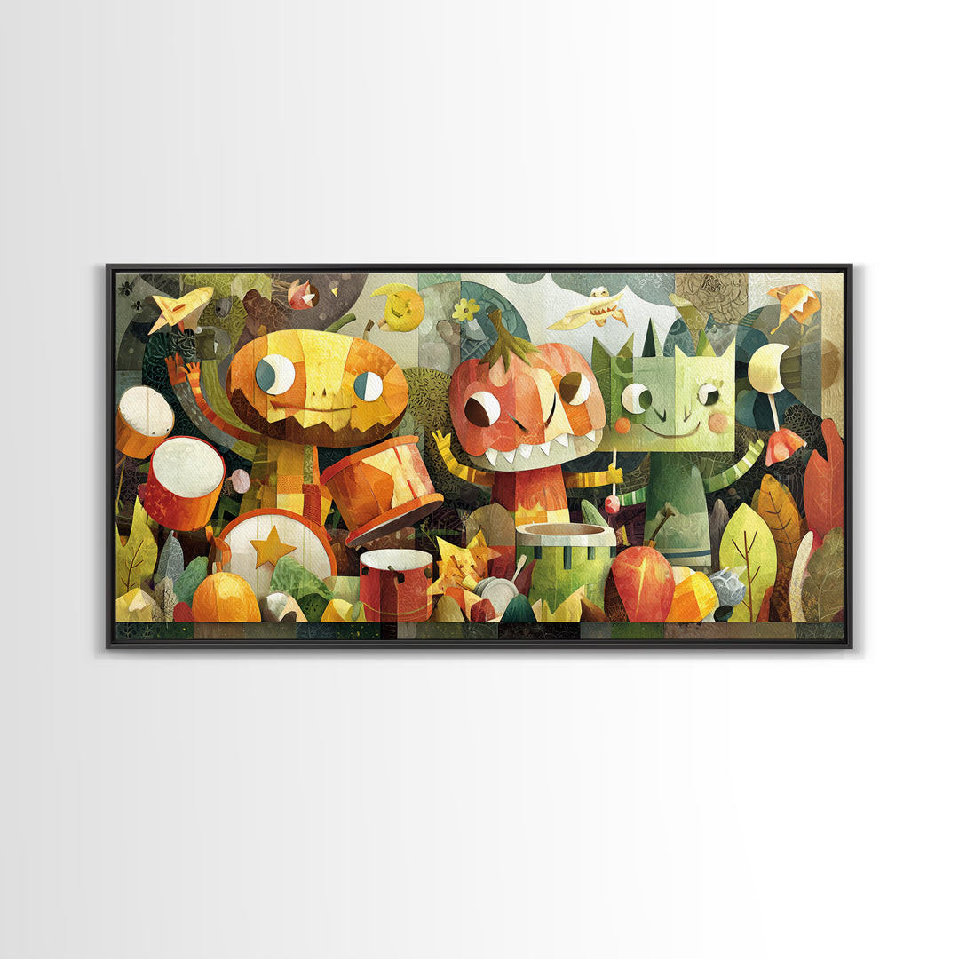 The Little Monster Orchestra, Paper Collage Halloween, Wide Panoramic Art, Framed Canvas Print, Cute Halloween Wall Art