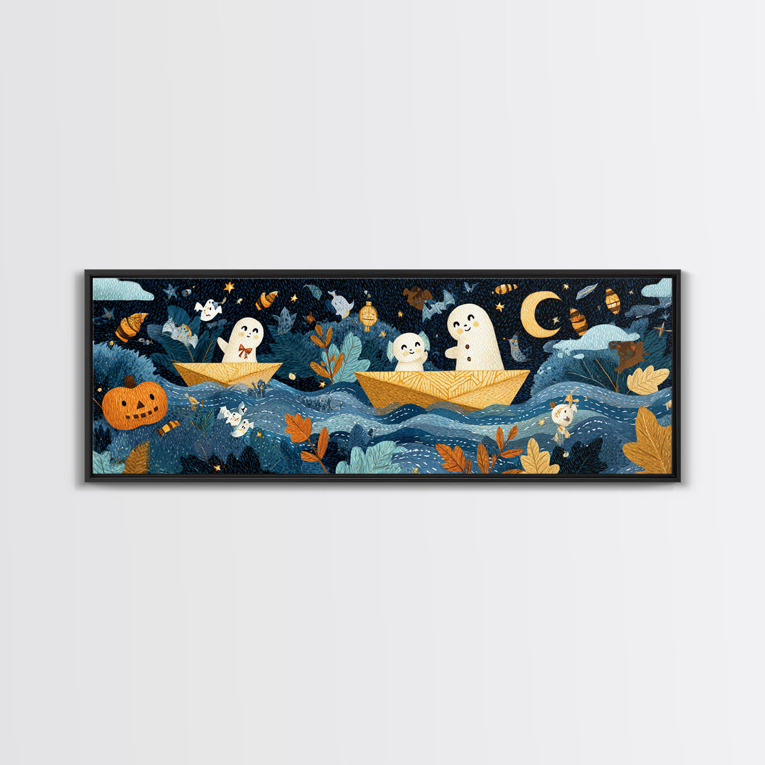 The Golden Leaf River, Felt Halloween Art, Extra Wide Wall Art, Canvas Print, Cute Halloween Wall Art, Storybook Decor